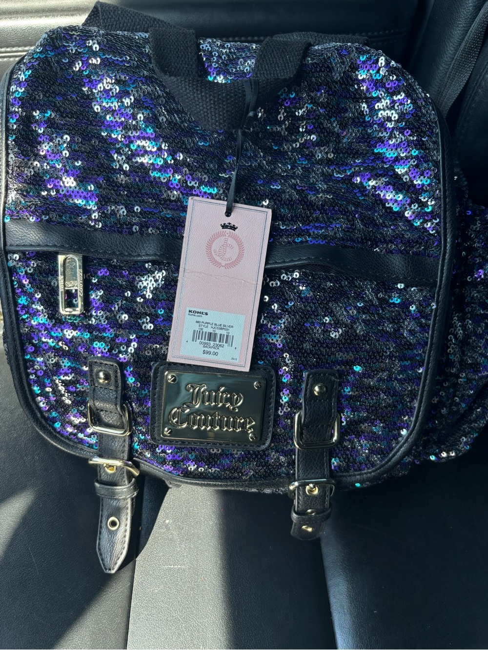 Juicy Couture Black Sequin Backpack with Iridescent Purple Blue Accents